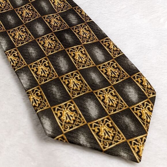 Men's Vintage 100% Silk Tie Made in Italy - Checkerboard Crest Motif - Picture 13 of 16